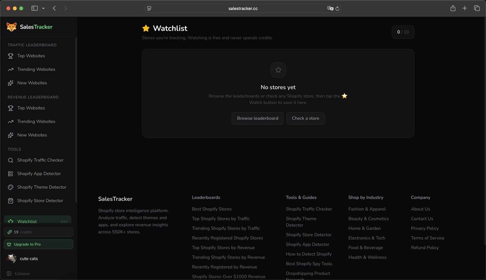 SalesTracker watchlist of Shopify stores with monthly visits and growth